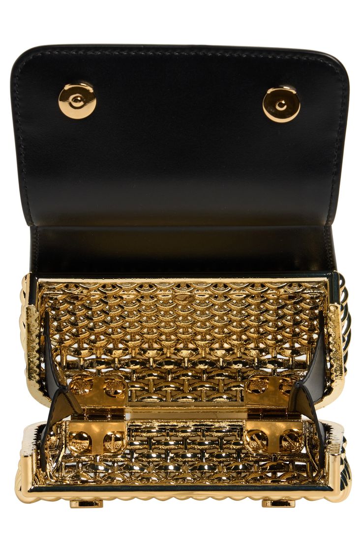 Gilded resin shapes the cage-like silhouette of this statement-making shoulder bag topped with a patent leather flap and strung by a lengthy chain strap. Magnetic-snap flap closure Top carry handle; removable chain shoulder strap Structured silhouette with flat base for stability Resin/leather Made in Italy Designer Handbags Designer Evening Bag With Chain Strap, Designer Rectangular Evening Bag With Chain Strap, Luxury Shoulder Bag For Events, Designer Evening Shoulder Bag With Chain, Luxury Evening Bag With Chain Strap, Luxury Chain Bag For Events, Luxury Shoulder Bag With Gold Chain For Party, Luxury Evening Bags With Gold Chain, Luxury Evening Bag With Chain Strap And Top Handle