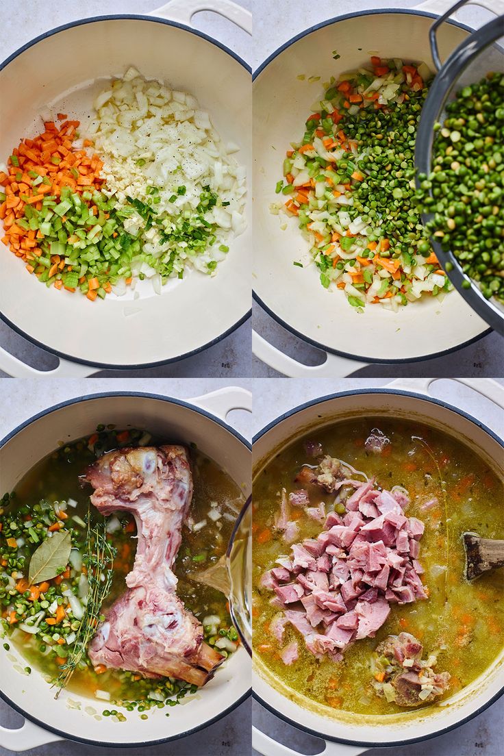 four pans filled with different types of food including meat, rice and veggies