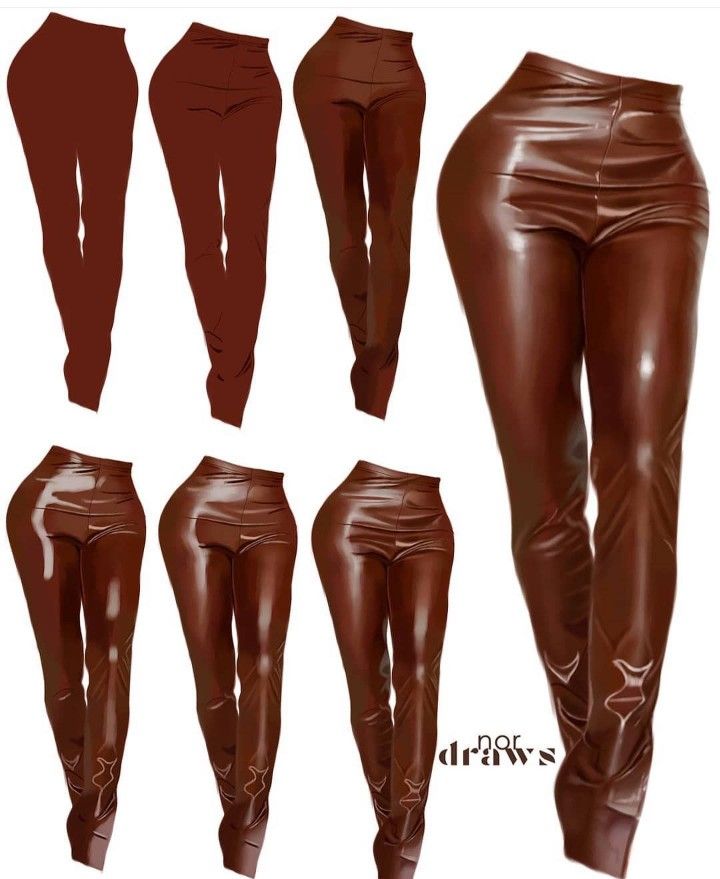 four different views of brown leather pants