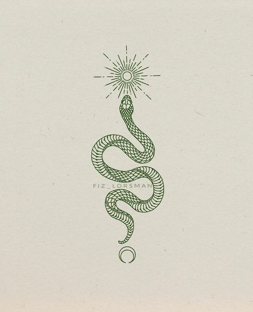 a drawing of a snake with the sun above it's head in green ink