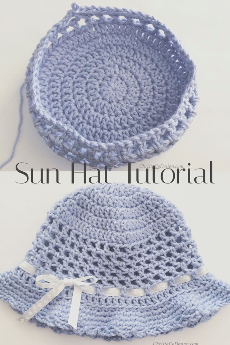 the crocheted hat is made with yarn and has a white ribbon around it