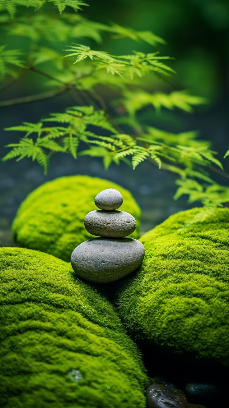 green moss covered rocks stacked on top of each other