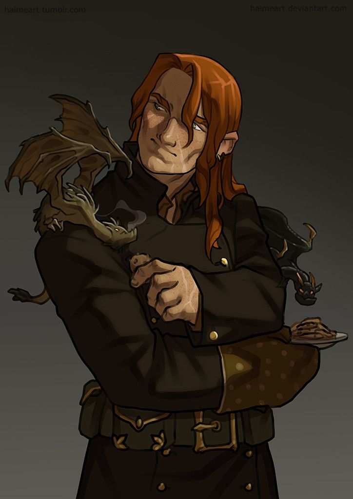 a drawing of a man with long red hair holding a dragon on his arm and looking at the camera