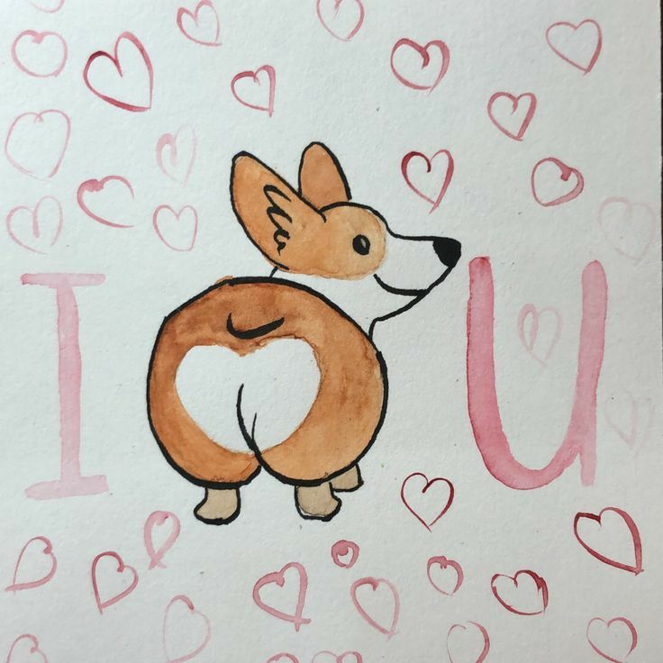 a drawing of a corgi dog with hearts on it's back and the words i love you written in pink ink