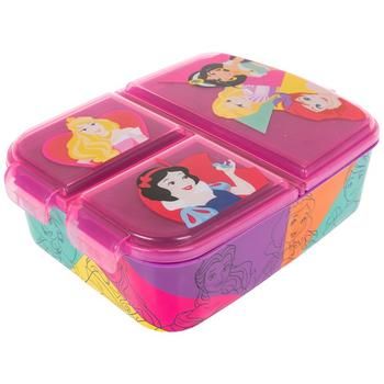 the princesses lunch box is pink and has three compartments with different designs on them