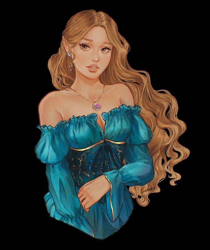 a drawing of a woman with long blonde hair wearing a blue dress and diamond earrings