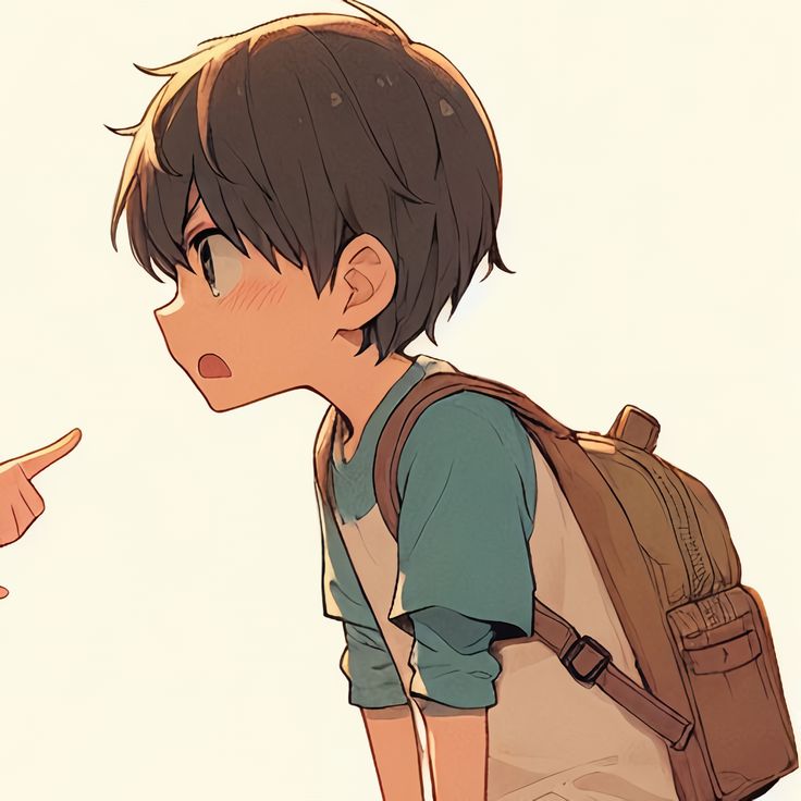 a boy with a backpack pointing at another person's shoulder and holding his hand out