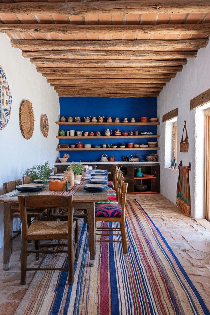 a dining room with colorful rugs and wooden tables