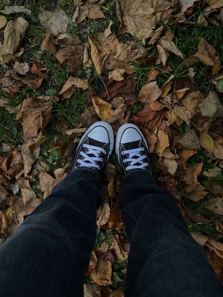 a person standing on top of leaves in the grass