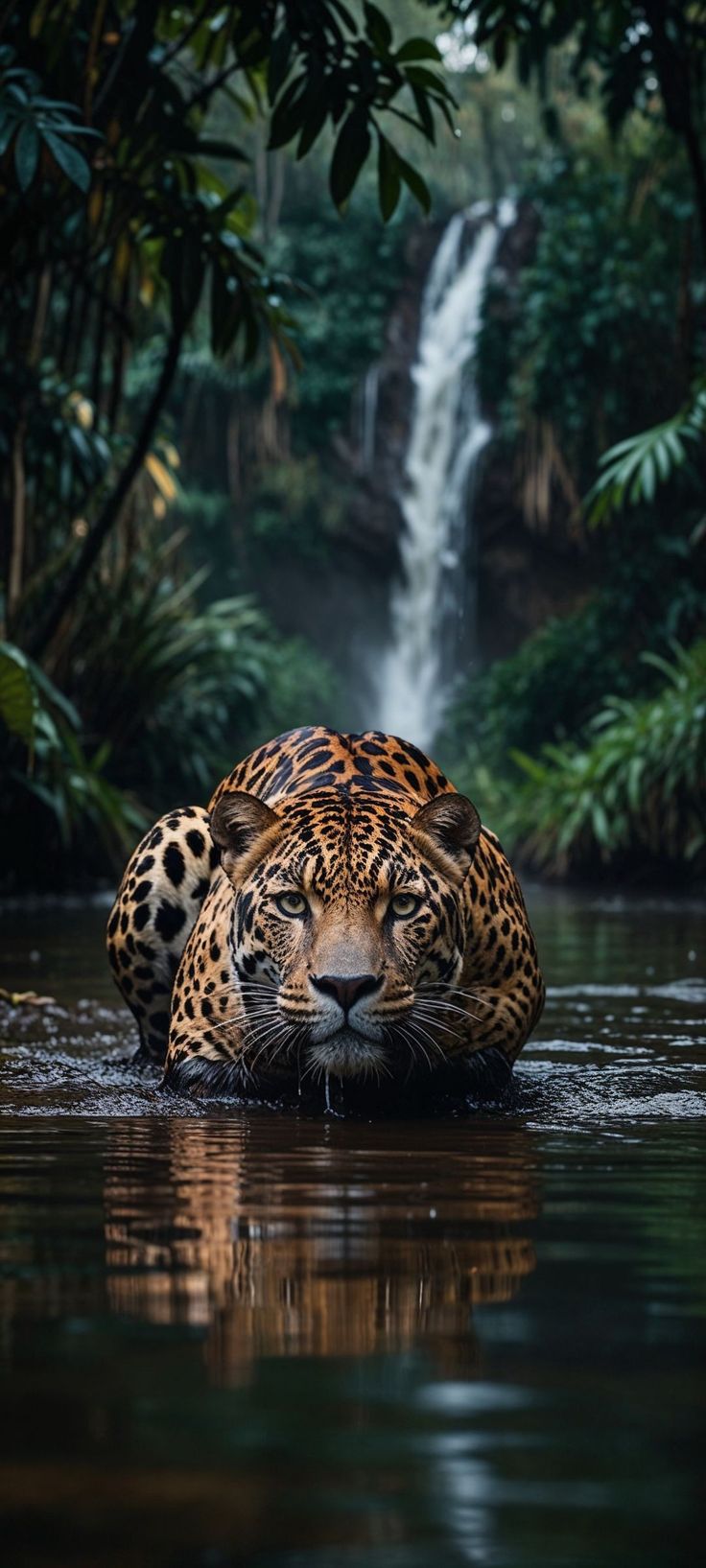 a large leopard laying on top of a body of water next to a lush green forest