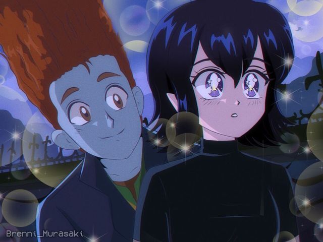 two anime characters standing next to each other in front of a night sky with stars