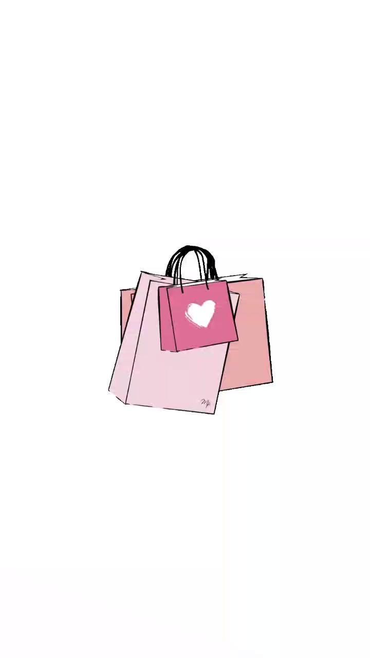 two pink shopping bags flying in the air, one with a heart on it's handle