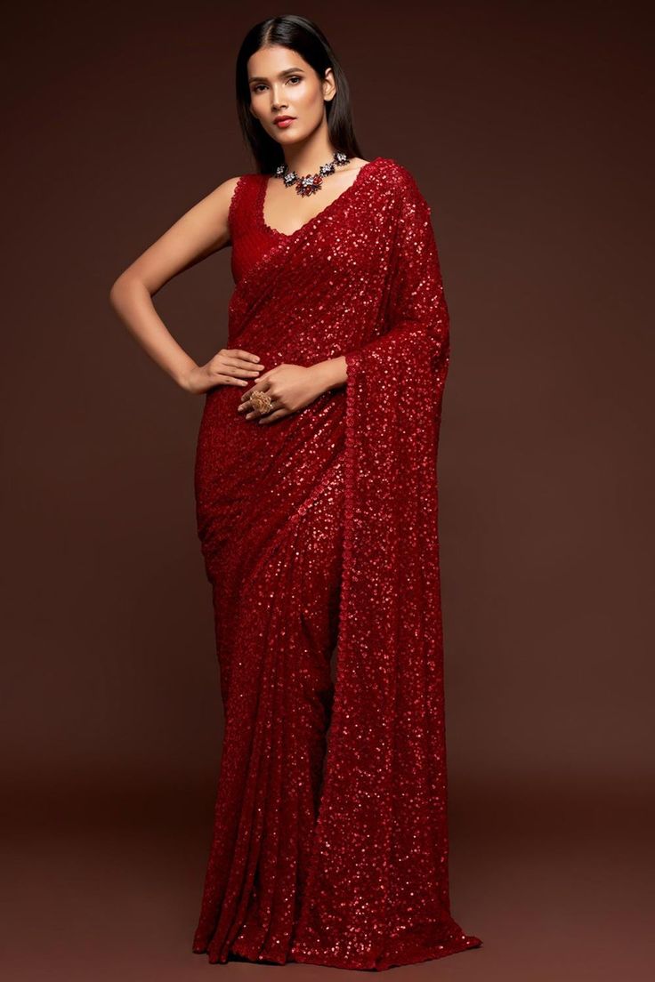 Shop Designer Unstitched Saree Online Sequins Saree, Red Sari, Party Wear Sarees Online, Sequence Saree, Sequin Saree, Party Sarees, Party Wear Saree, Georgette Blouse, Party Kleidung