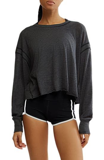 Ribbed cuffs and an open back bring sporty style to this slouchy cotton-blend top cut to a cropped length. 21" length Boat neck Long sleeves with ribbed cuffs 60% cotton, 40% polyester Machine wash, dry flat Imported Oversized Cropped Top For Loungewear, Relaxed Fit Cropped Hem Athleisure Crop Top, Sporty Crop Top With Relaxed Fit And Cropped Hem, Cropped Relaxed Fit Activewear For Workout, Relaxed Fit Cropped Activewear For Workout, Cropped Tops With Ribbed Cuffs For Streetwear, Oversized Cropped Top In Athleisure Style, Oversized Cropped Tops For Athleisure, Oversized Cropped Athleisure Tops