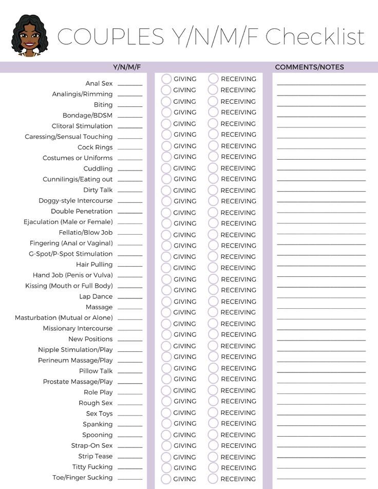 the printable couples'yn / m / f checklist is shown in purple