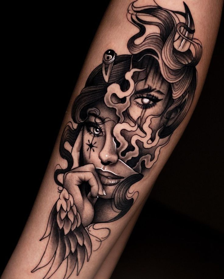 Dark Princess Tattoo, Ladies Face Tattoo, Dark Thigh Tattoos For Women, Simple Leg Sleeve Tattoo Women, Quarter Sleeve Tattoos For Women, Tattoos Jellyfish, Full Hand Tattoo, Gemini Tattoo Designs, Pin Up Girl Tattoo