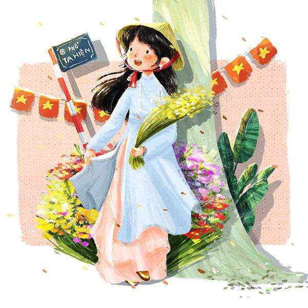 a painting of a woman holding flowers and a sign