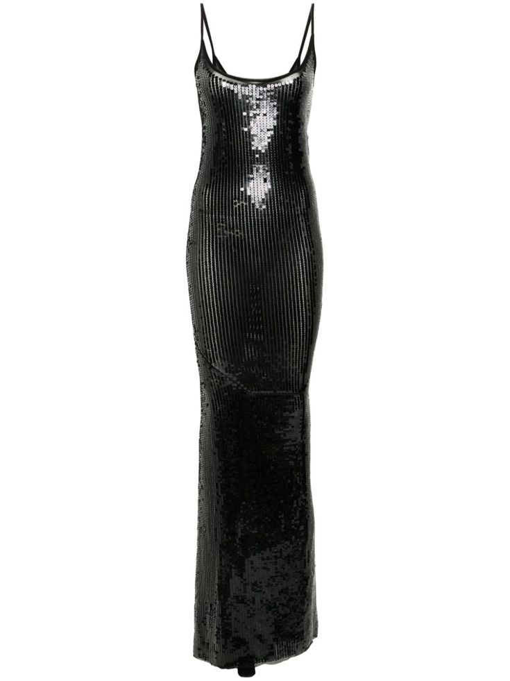 black stretch-design mesh design sequin design spaghetti straps sleeveless round neck long length unlined slip-on style Rick Owens Dress, Slip Gown, Rick Owens Lilies, Sequin Design, City Dress, Sequin Gown, Dolce E Gabbana, Summer Beach Wear, Mesh Design