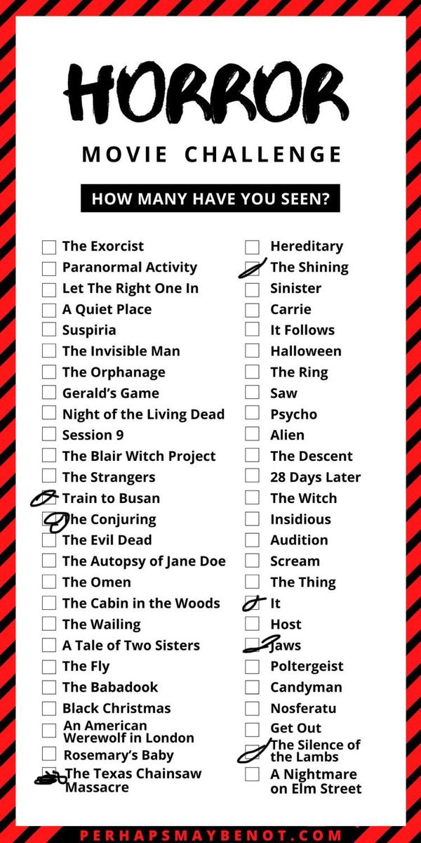 a red and black checklist with the words horror movie challenge written on it,