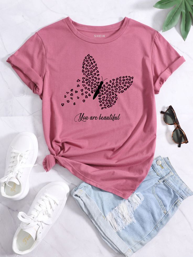 Rosa vieja Casual Collar manga corta Tela Frase,Mariposa  Embellished Elástico Ligero Verano Ropa de Mujer Ladies T Shirt Print Design, Fall Wedding Outfits, Printed Tee Women, Ladies Tshirt, Wedding Outfits For Women, T-shirt Print Design, Dress Code Casual, T Shirt Painting, Shirt Print Design