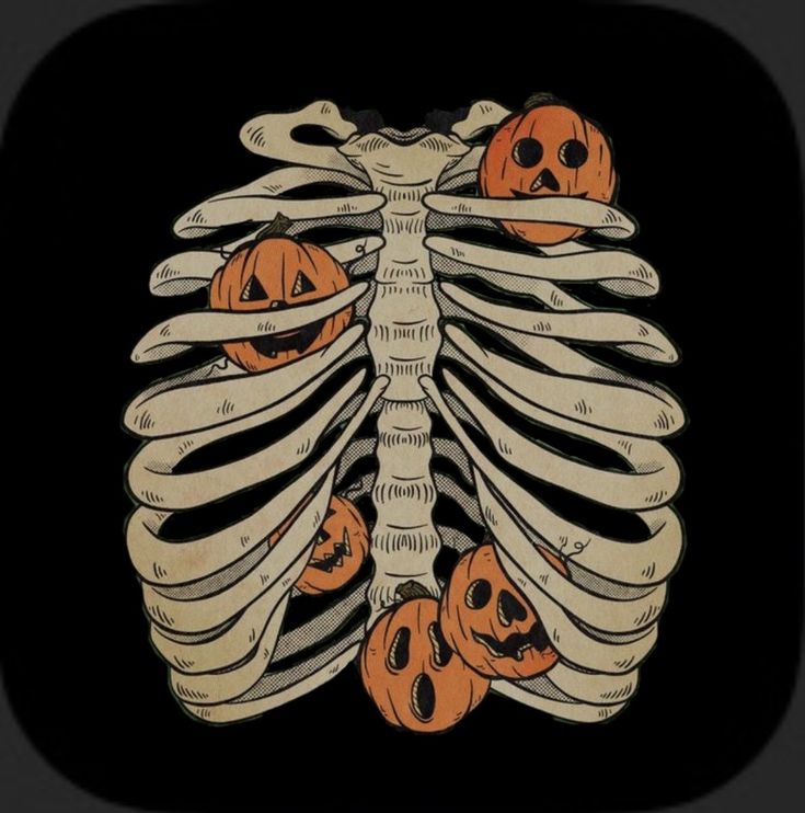 a skeleton with pumpkins on it's chest