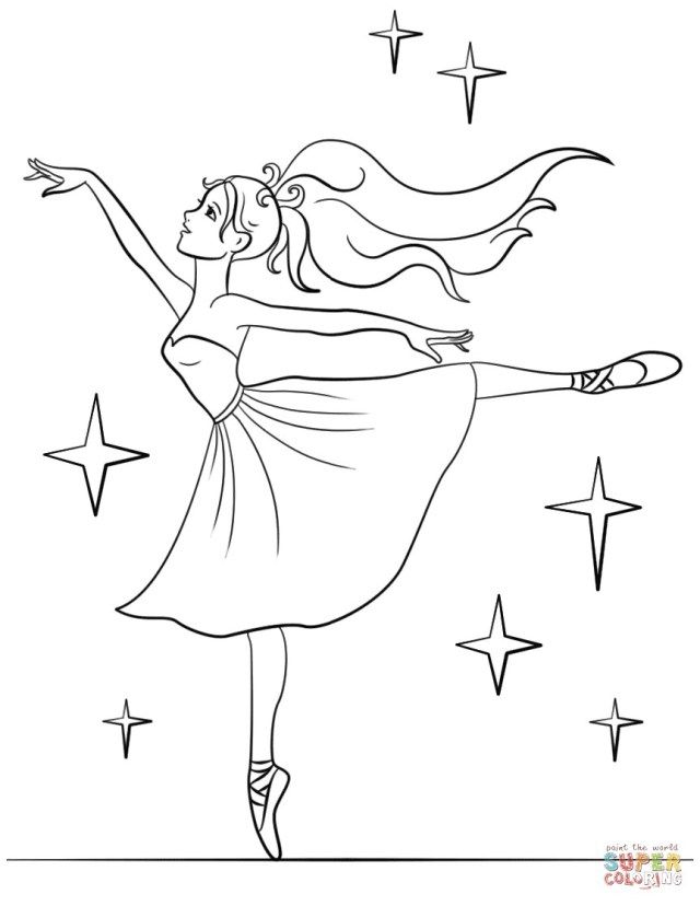 a black and white drawing of a ballerina in the air with stars around her