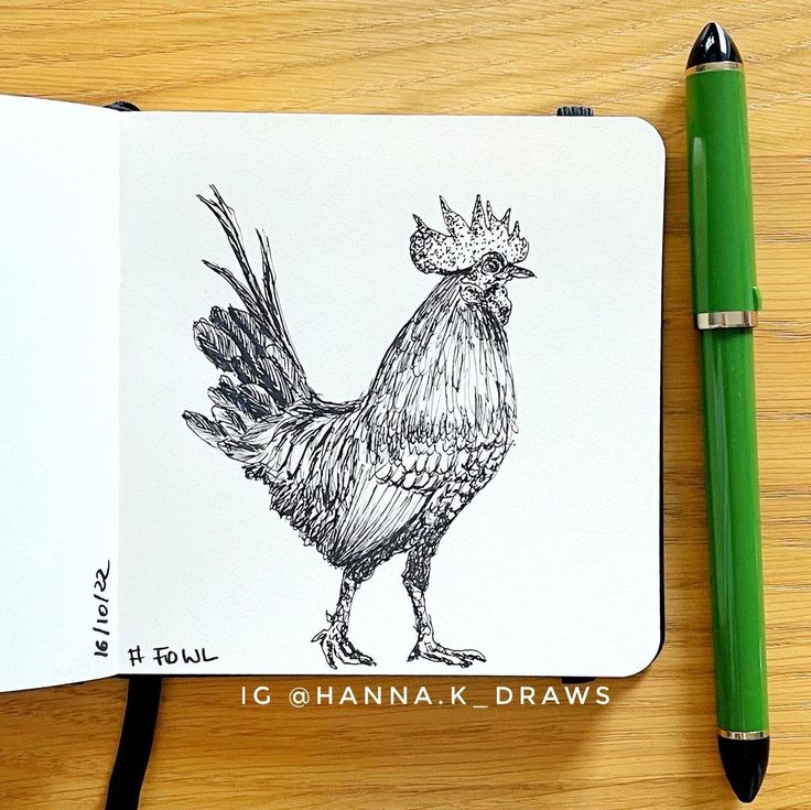 a drawing of a rooster on a notepad next to a green marker and pen