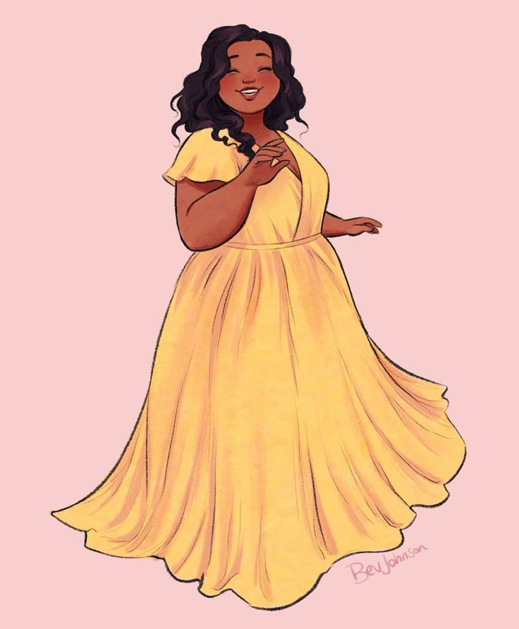 a drawing of a woman in a yellow dress with her hands on her hip and smiling