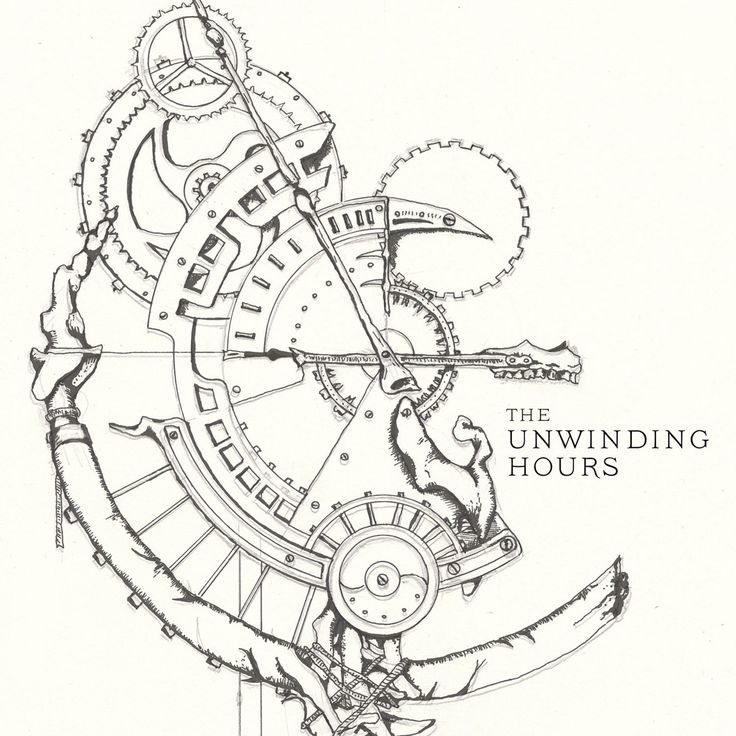 the unwinding hours logo is shown in black and white, as well as an image of a clock