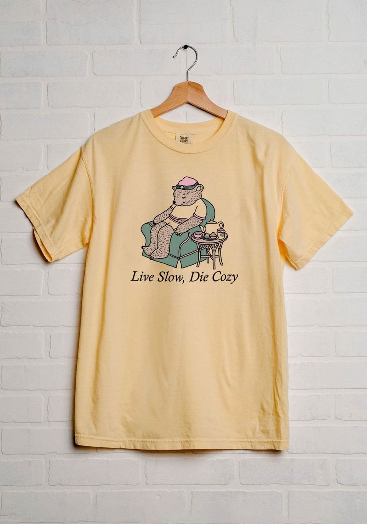 Live Slow Die Cozy Tee by kaeraz | Comfort Colors Tshirt | 90s Kid Shirt Live Slow, Hippie Posters, Neon Moon, Sleepy Time, Comfort Colors Tshirt, Chamomile Tea, Comfort Colors Tee, Hand Drawn Design, Getting Cozy