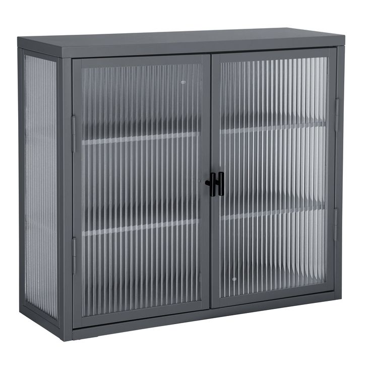 a gray metal cabinet with two doors