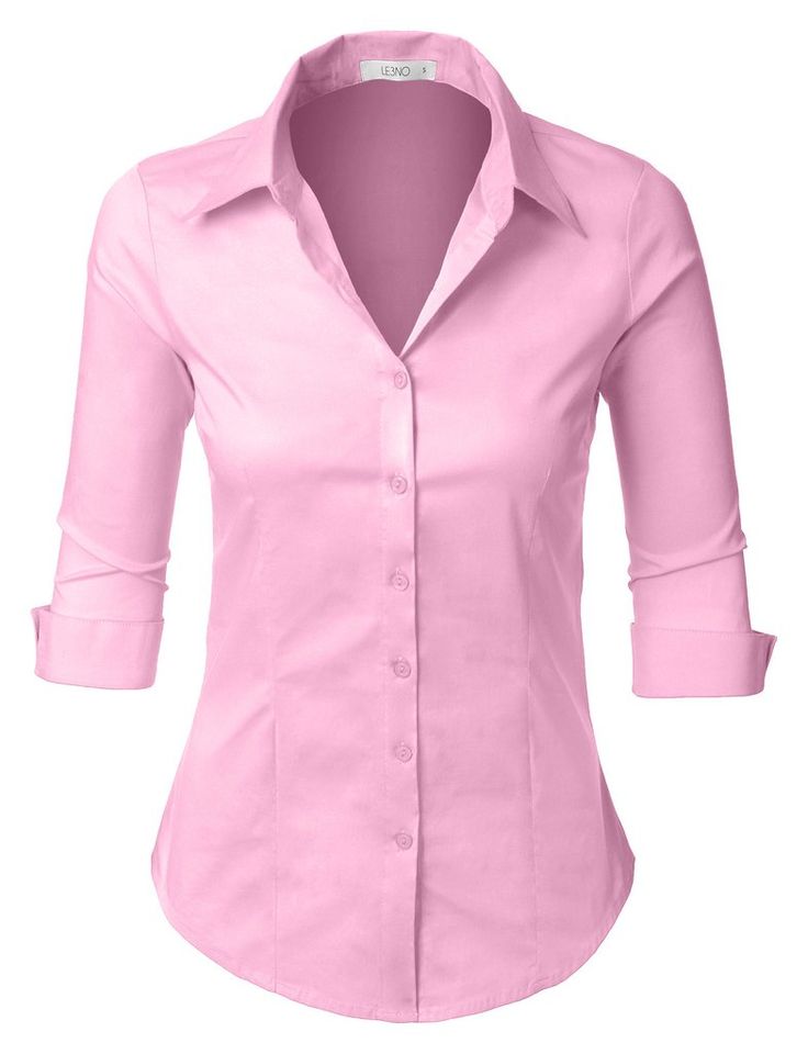 3/4-Sleeve Easy Care Shirt | LE3NO Solid Color Slim Fit Dress Shirt For Office, Fitted Button-up Office Lady Blouse, Fitted Button-up Blouse For Professional Wear, Fitted Long Sleeve Office Shirt, Fitted Long Sleeve Shirt For Office, Fitted Long Sleeve Shirt For Professional Wear, Spring Office Shirt With 3/4 Sleeves, Fitted Office Lady Shirt, Fitted Office Shirt With Buttons