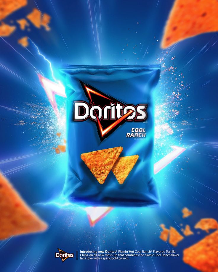 an advertisement for doritos chips on a blue background