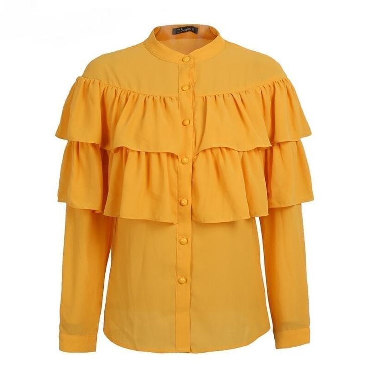 Shirt With Ruffles, Slim Blouse, White Ruffle Blouse, White Shirt Blouse, Lace Chiffon, Long Sleeved Shirt, Yellow Blouse, Summer Blouses, Fashion Woman