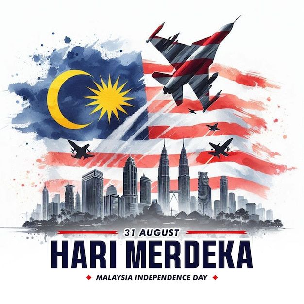 the malaysia independence day poster with an american flag and fighter jets flying in front of a city skyline