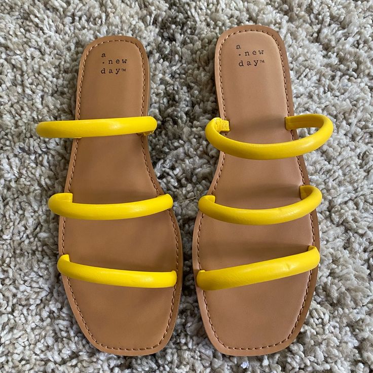 Target Brand Yellow Casual Sandals, Brand New Never Worn Without Tags, Size 8, Yellow And Tan Cute Yellow Non-slip Sandals, Yellow Slip-on Fun Sandals, Fun Yellow Non-slip Sandals, Yellow Non-slip Slide Sandals, Target Brands, Shoes Yellow, Yellow Synthetic Sandals With 4-inch Heel, Yellow Sandals, Casual Sandals