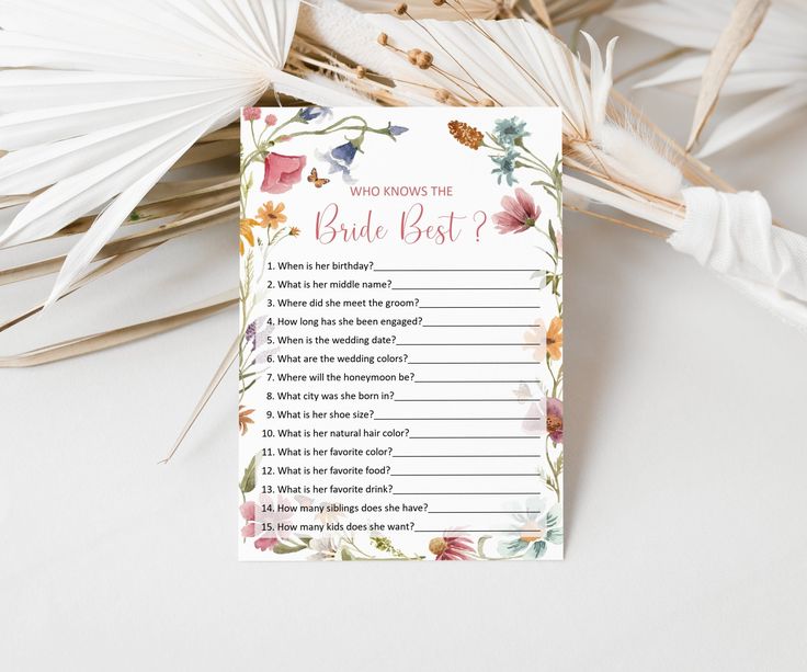 a floral bridal game with the words who knows the bride best? on it