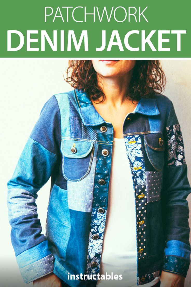 a woman standing in front of a wall with her hands on her hips and the words patchwork denim jacket