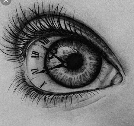 a drawing of an eye with a clock in the iris's center and eyelashes