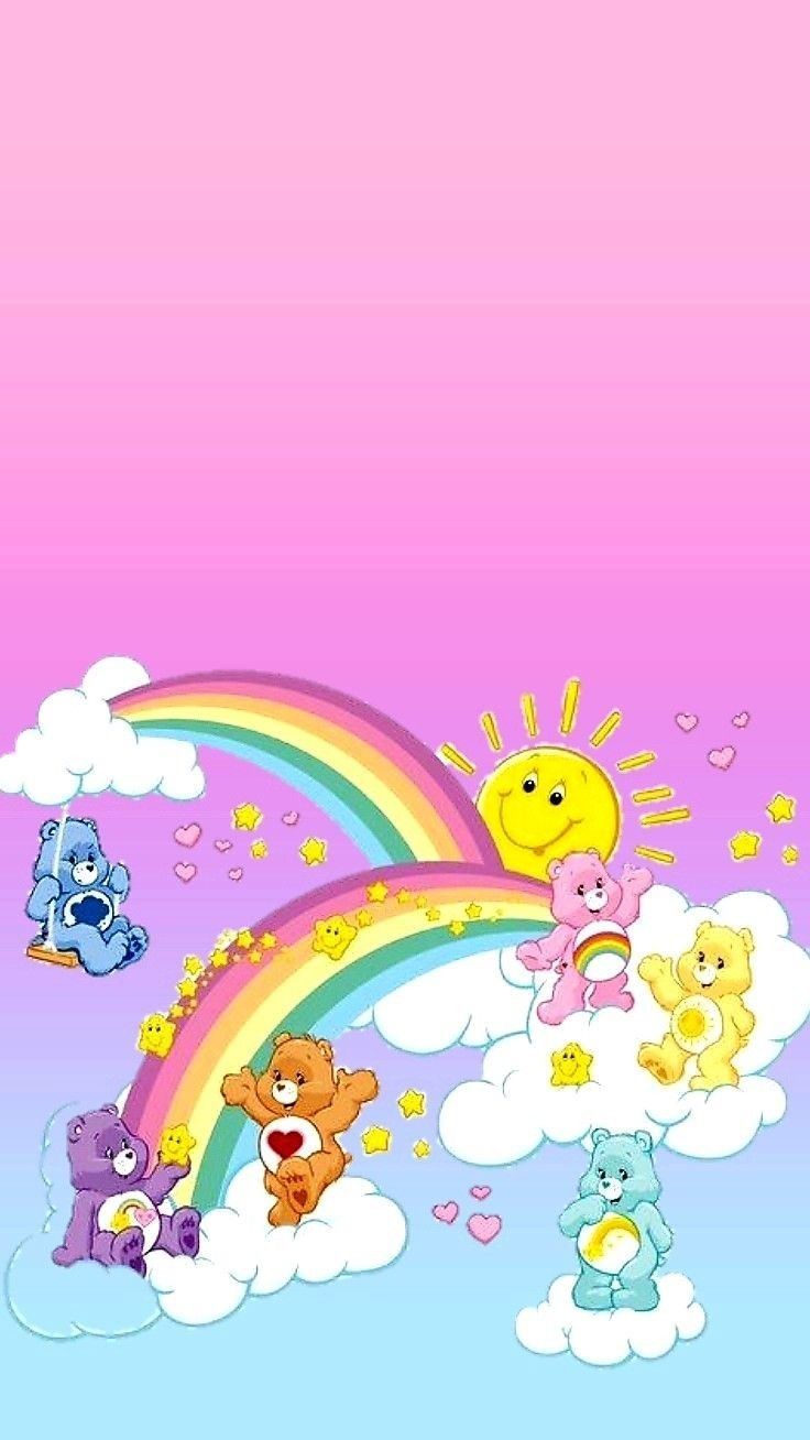 there are many teddy bears and rainbows in the sky