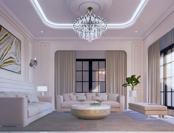 a living room with couches, chairs and a chandelier