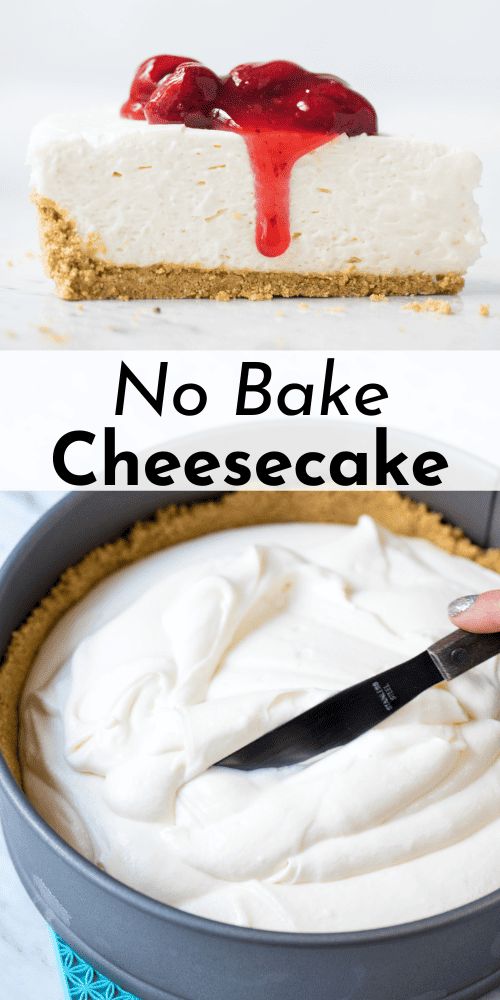 no bake cheesecake in a pan with a knife