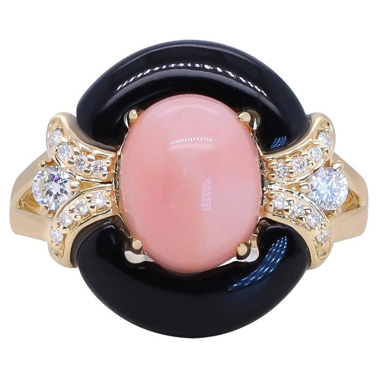 Stunning, timeless and classy eternity Unique ring. Decorate yourself in luxury with this Gin & Grace ring. The 14k Yellow Gold jewelry boasts 8x10 mm oval cab Pink Opal (1pcs) 2.16 Carat, Free Size Onyx (2 pcs) 3.81 carat and Round-Cut Diamond (18 pcs) 0.18 Carat accent stones for a lovely design. This ring is weight 4.24 grams. Crafted with 14k Yellow Gold, this delicate Ring is polished to a high finish shine. Pink Opal Ring, Vintage Cocktail Ring, Yellow Gold Jewelry, Diamond Cocktail Rings, Unique Ring, Jewelry For Her, Delicate Rings, Yellow Gold Ring, Pink Opal