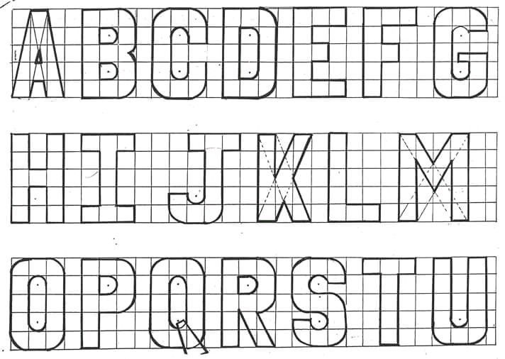 the upper and lowercase letters are drawn with grids to make it look like they have