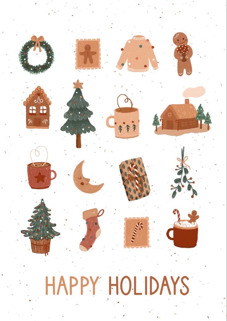 a christmas card with holiday items and the words happy holidays written in brown on it