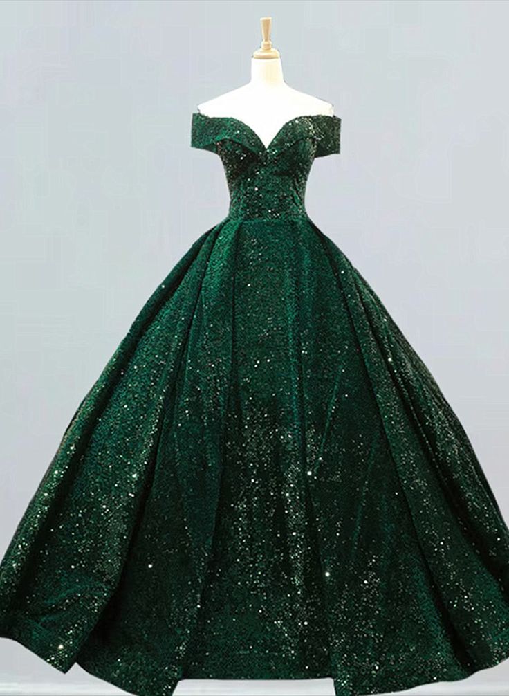 Dark Green Sequins Off Shoulder Ball Gown Sweet 16 Dress Dream Dress Prom, Emerald Green Ball Gown, Green Ball Gown, Baju Kahwin, Sequin Ball Gown, Vintage Ball Gowns, Princess Prom Dresses, Green Prom, Dresses Green