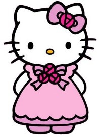 a hello kitty in a pink dress with a bow on her head and the words hello kitty written below it