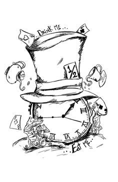 a drawing of a clock with a hat on top