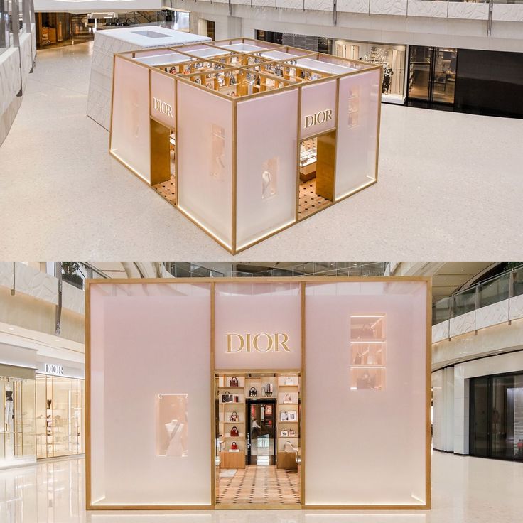 the inside and outside of a store with its doors open in an empty mall area