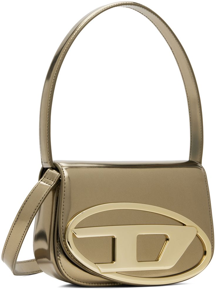 Polished leather shoulder bag in metallic bronze tone. · Fixed carry handle · Adjustable and detachable crossbody strap · Logo hardware at face · Magnetic press-stud flap · Patch pocket at two-compartment interior · Twill lining · H5.5 x W8 x D2.25 Supplier color: Bronze Formal Silver Shoulder Bag With Logo Hardware, Modern Gold Bag With Logo Hardware, Modern Silver Shoulder Bag With Logo Hardware, Silver Evening Shoulder Bag With Logo Hardware, Silver Bags With Logo Hardware For Formal Occasions, Formal Silver Bags With Logo Hardware, Evening Bags With Logo Hardware And Double Handle, Evening Silver Bag With Logo Hardware, Silver Evening Bag With Logo Hardware